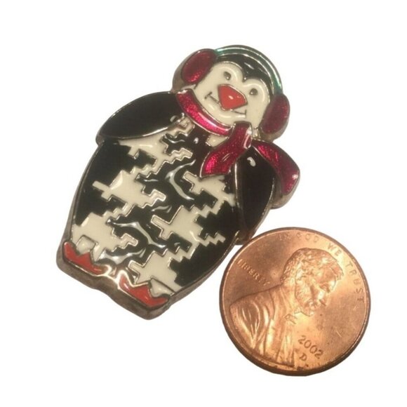 Penguin Brooch Enamel Pin With Red Scarf and Ear Muffs Winter Theme Jewelry - Picture 8 of 9